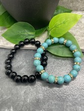 2 PC Handmade Glass Bead Stackable 6.5  Plus Stretch Bracelet Set New A2108