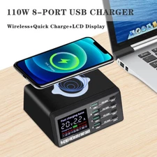 110W 8 Port Multi USB C PD 45W QC3.0 Wall Fast Charger Station Wireless Charging
