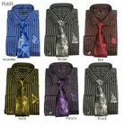 Men's  Striped Dress Shirt  with Tie + Handkerchief, French Cuff Links New