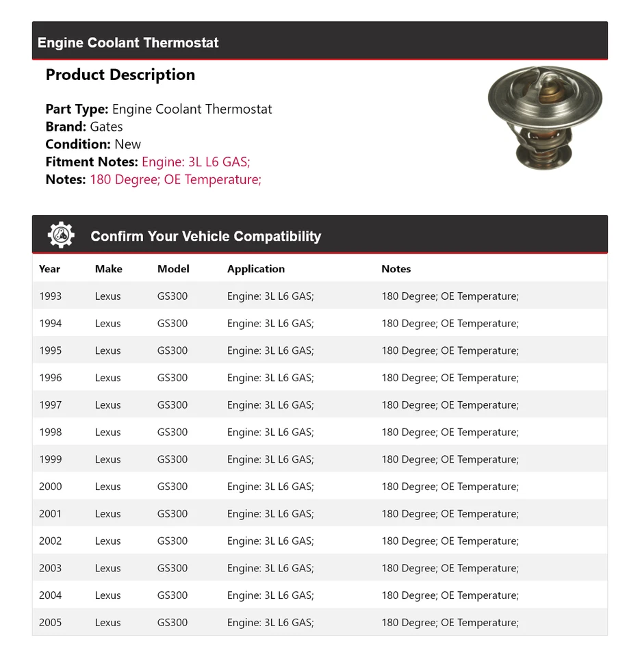 Para Lexus GS300 1993-2005 3L L6 Motor Gas Refrigerante Termostato Puertas 1994 1995 Foto 2 de 4