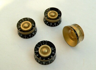 Schwarz & Gold Speed Regler Set für Les Paul Gitarrenknöpfe 18T 6mm Spline GRÖSSE PRÜFEN