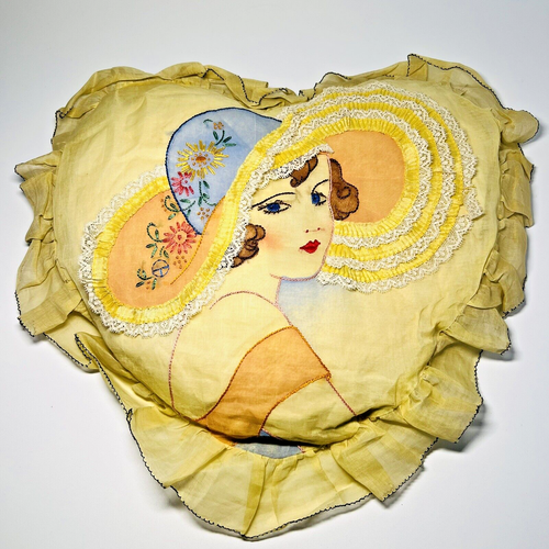 Vintage 1930's Boudoir Pillow Embroidery & Lace Lady in Hat Heart Shape