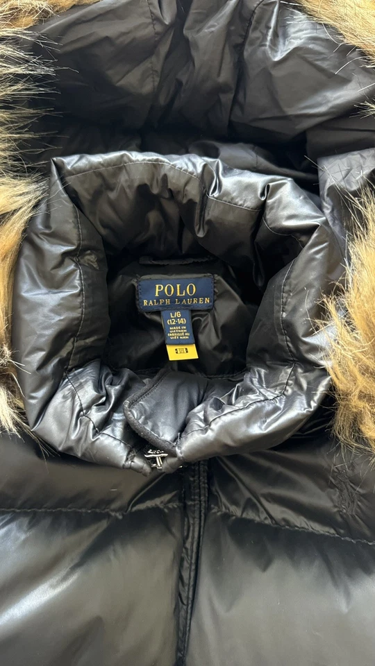 女孩 Ralph Lauren 黑色狐狸毛皮羽绒夹克,尺寸 L(12-14)。 Approx 150 保修和延长保修 — 第 4/4 张图片