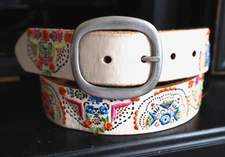 Sweet  1  3/8" wide Ladies LEATHER Ribbon BELT  FOSSIL EMBROIDERY  Medium 292