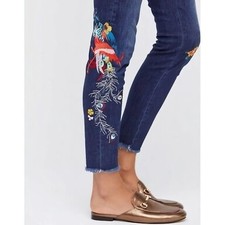 Free People Bird Embroidered Frayed Raw Hem Skinny Jeans Size 26 Boho