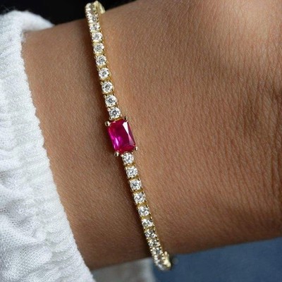 3 kt Smaragdschliff Lab Created Rubin Damen Tennis Armband 14 K Gelbgold Finish