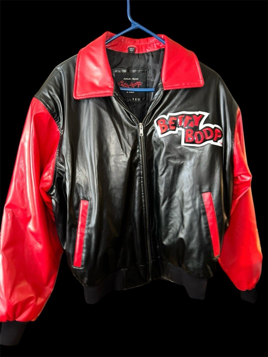 Betty Boop Vintage Style Bomber Jacket Black Red Faux Leather Y2K