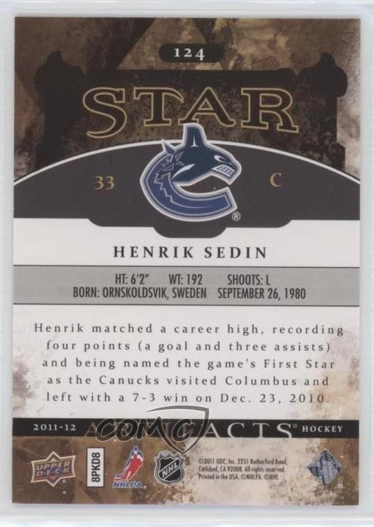 2011-12 Upper Deck Artifacts Star /999 Henrik Sedin #124 HOF - Image 2 of 2