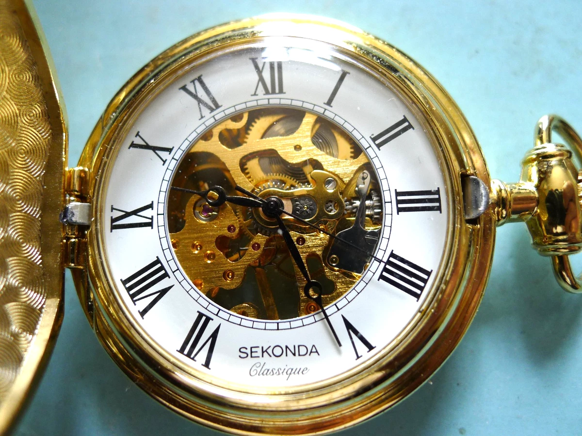 NUEVO Reloj Bolsillo Sekonda Classique Golden Hunter... Mano de barrido... 48 mm... Estuche... GWC