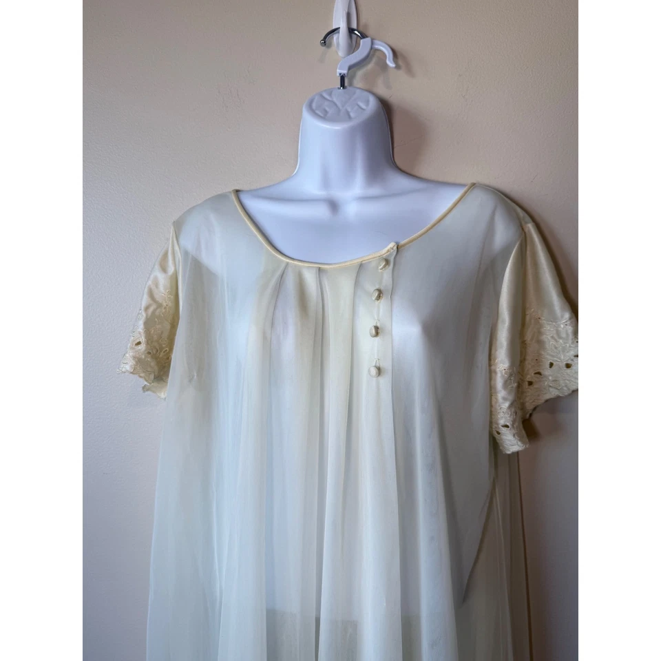 Maxi Largo L De Colección Años 50 Marfil Transparente Bata Peignoir Nylon Gasa Encaje Mangas Satinadas Foto 2 de 4
