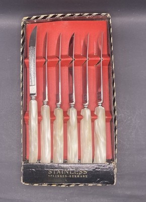 Vintage Peaso Solingen Germany Mother of Pearl Knife Set 6 Stainless w Box
