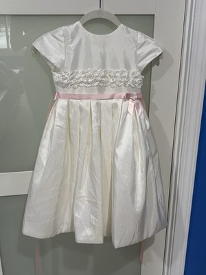 Joan Calabrese for Mon Cheri White Flower Girl Dress w/ Pink Bow Size 5T