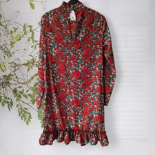 Missguided Mini Dress Red Floral UK 10 Tall High Neck Long Sleeve Ruffle Hem