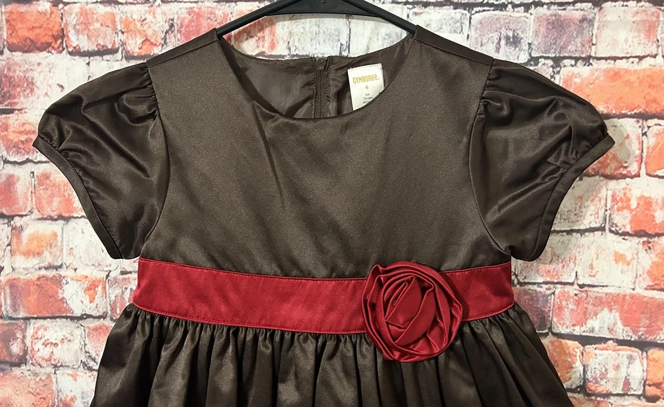 Girls Holiday Party Dress Brown Satin Red Waistband Flower Size 6 - Image 3 of 4