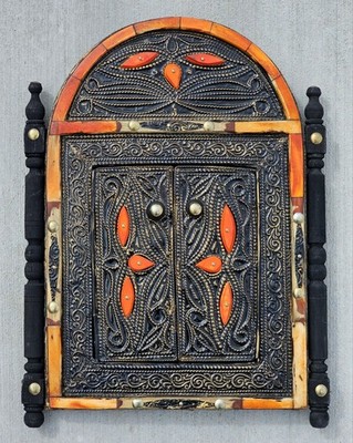 Handmade MOROCCAN WALL MIRROR Double Doors Style Frame Embossed Brass Bone Inlay