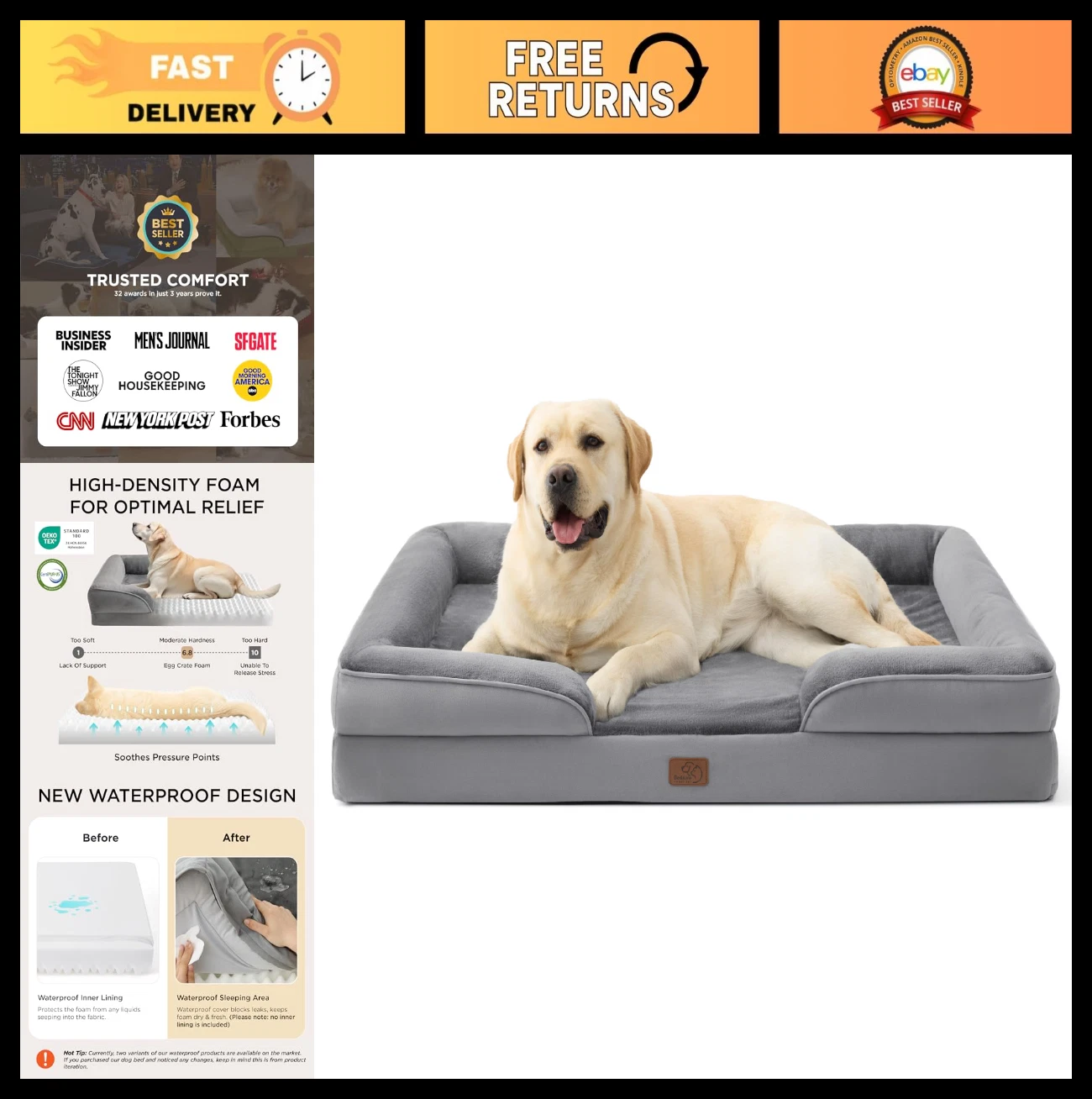Jumbo Orthopedic Dog Bed for Extra Large Dogs - Washable Waterproof Pet Bed, 45"