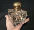 Antique Cut Glass Large Inkwell with Brass Hinged Dome Lid 5" Tall