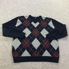 Club Room Sweater Mens XL Navy Gray Lambswool Argyle V Neck Knit Pullover Preppy