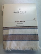 Hearth Hand 60x84 Beige Blue Stripe Cotton Oblong Tablecloth Fringe