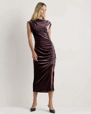 NWT XS Quince Stretch Silk Velvet Ruched Midi Dress Wine Tasting Red New $149