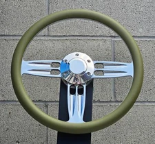 14" Inch Billet Steering Wheel Army Green Half Wrap with Plain Horn - 6 Hole
