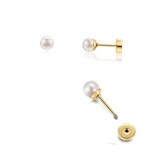 14K Screw Back Pearl Stud Earrings for Women,Flat Back Pearl 5mm Pearl Gold
