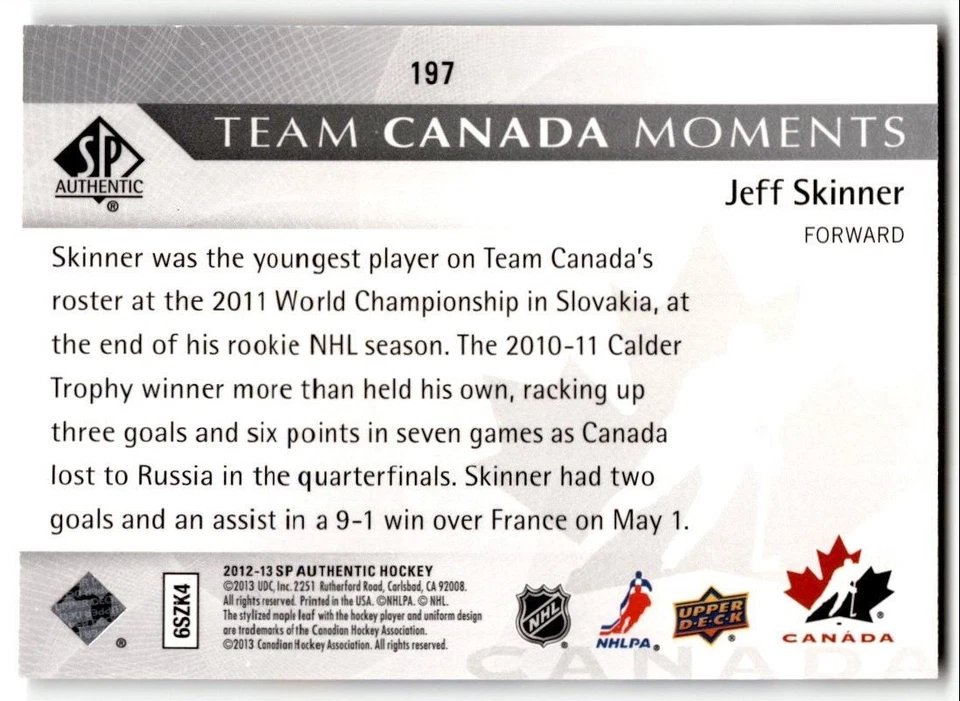 2012-13 SP Authentic Moments Jeff Skinner #197 Canada - Image 2 of 2