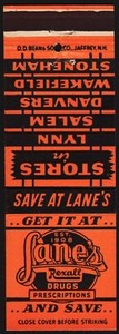 Vintage matchbook cover LANES REXALL DRUGS Salem Danvers Wakefield Stoneham Mass