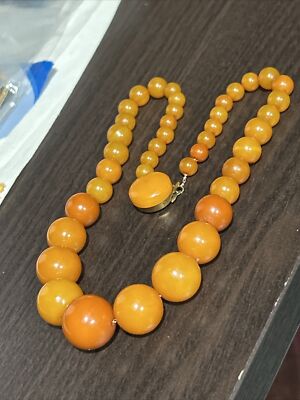 Vintage 18  Egg Yolk Bakelite Beaded Necklace Graduated Round Beads 14K GF