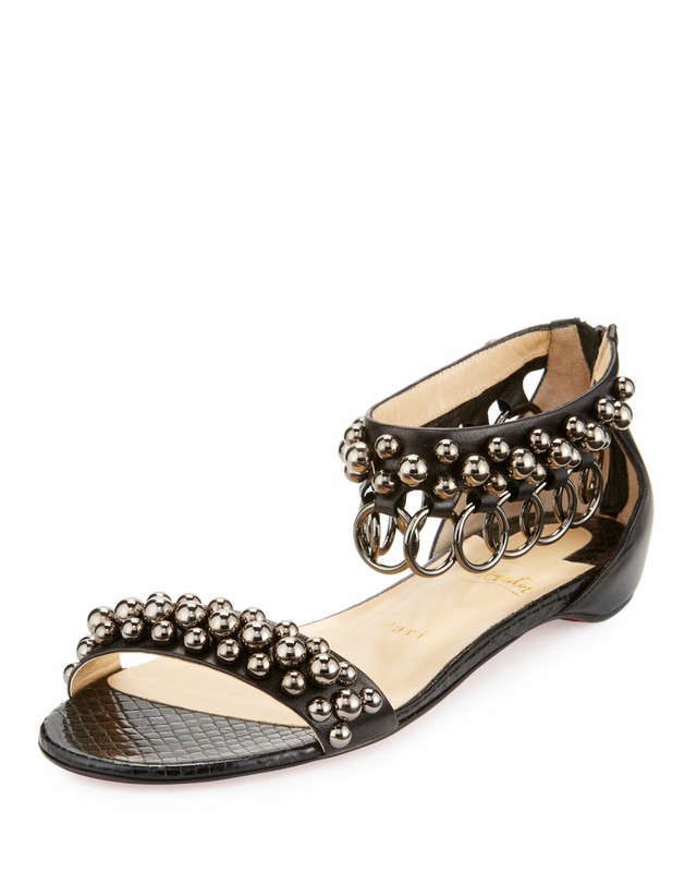 100% AUTHENTIC NEW WOMEN LOUBOUTIN BLACK GYPSOFLAT RING & STUD SANDALS US 10