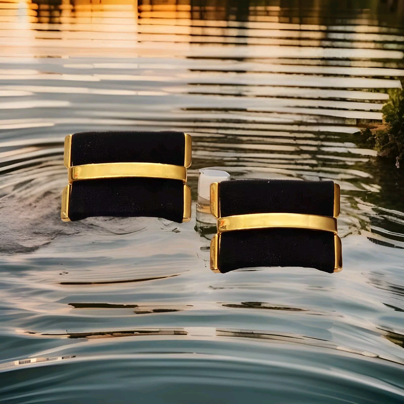 Vintage Pair Goldtone Metal Black Fabric  Shoe Clips Buckles 1.75 x 1.25 EUVC