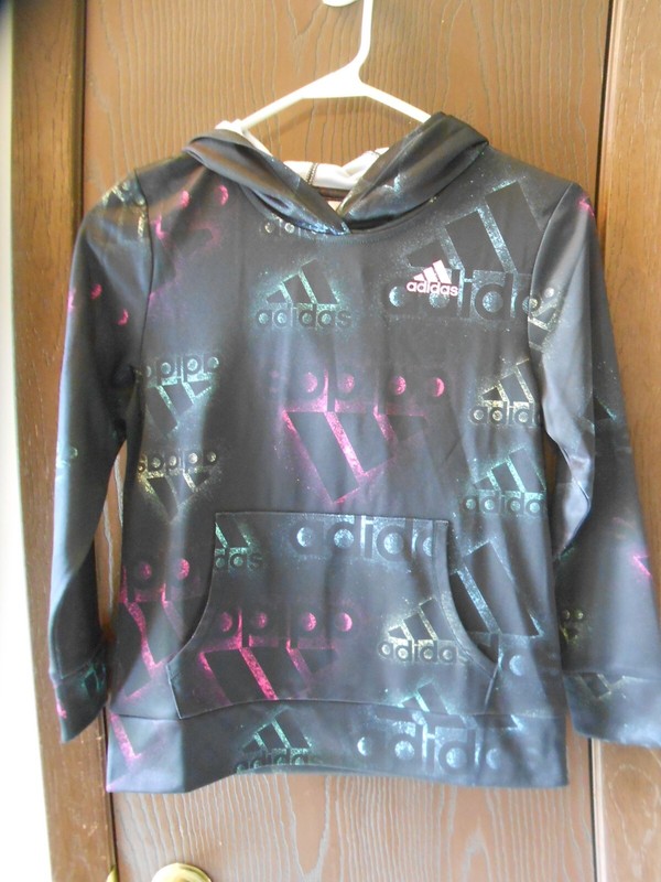 NWT GIRLS ADIDAS LONG SLEEVE BLACK MULTI-COLOR PULL-OVER HOODIE SIZE L(10-12)