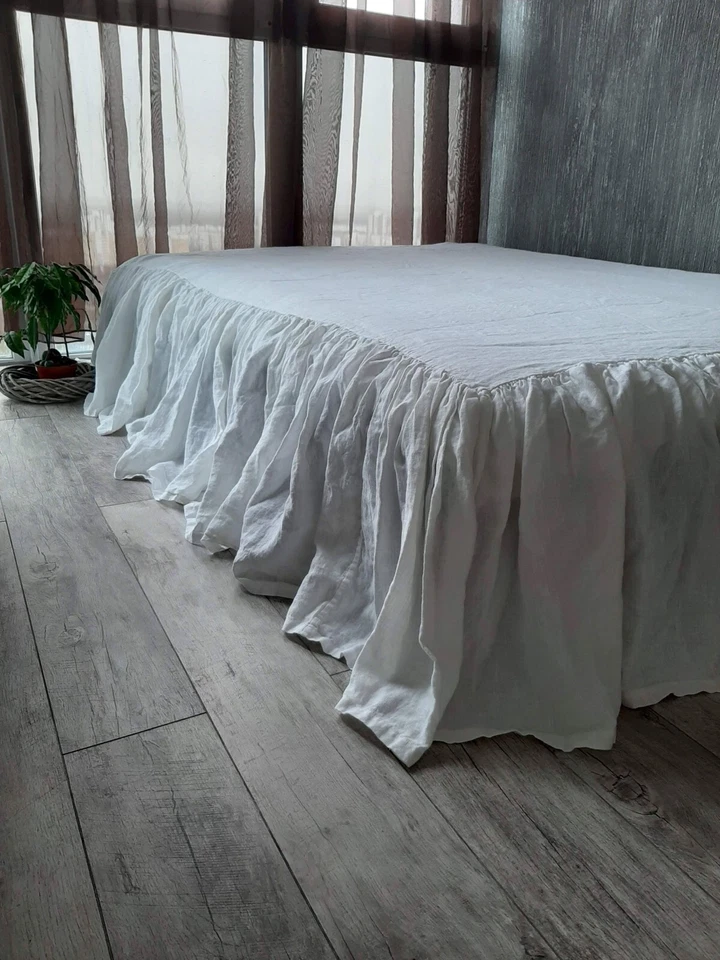 Falda de cama de lino con volantes antipolvo Falda de cama Colchón Falda Caja Cubierta de resorte Colcha Foto 3 de 4