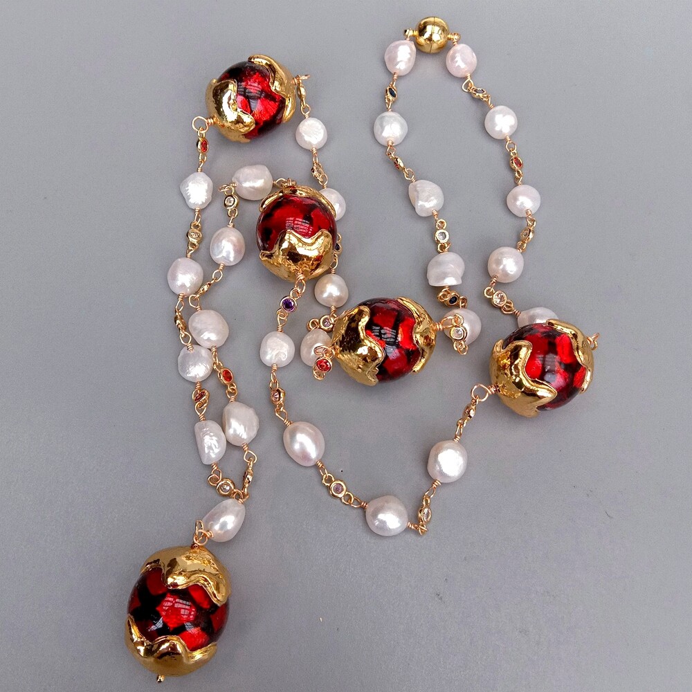 Cultured White Baroque Pearl Cz Pave Rosary Chain Red Murano Glass Long Necklace
