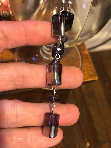 NWOT Amethyst & Silver Glass Beaded Long Dangling 4" Pierced Fashion Earrings - Picture 3 of 8