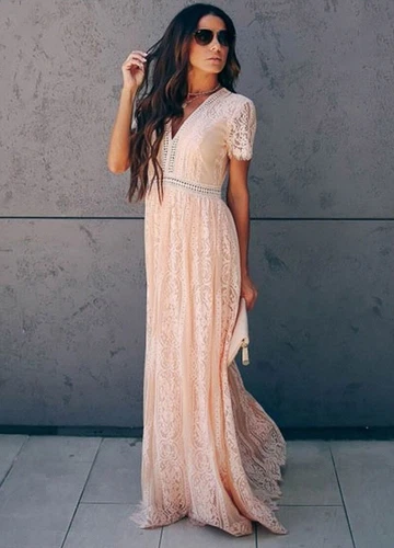 Langes Maxikleid Damen V-Ausschnitt Kurzarm Spitze Party Abend Formell Cocktail - Bild 7 von 9