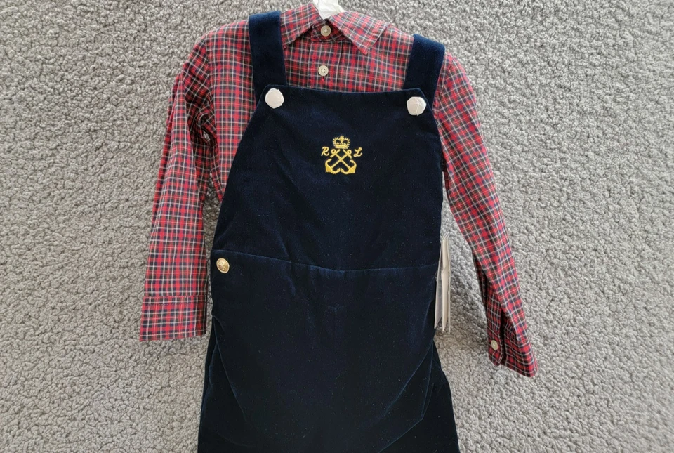 Ralph Lauren Plaid Shirt & Velvet Overall Set Baby Boys' 18M Navy Multi Snap L/S - Image 3 of 4
