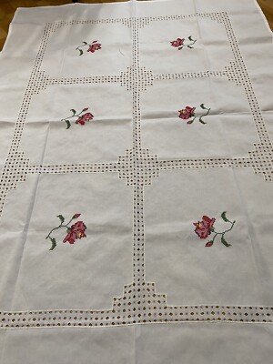 Floral Cross Stitch Drawn Thread Embroidery Linen Tablecloth 70  X 51 