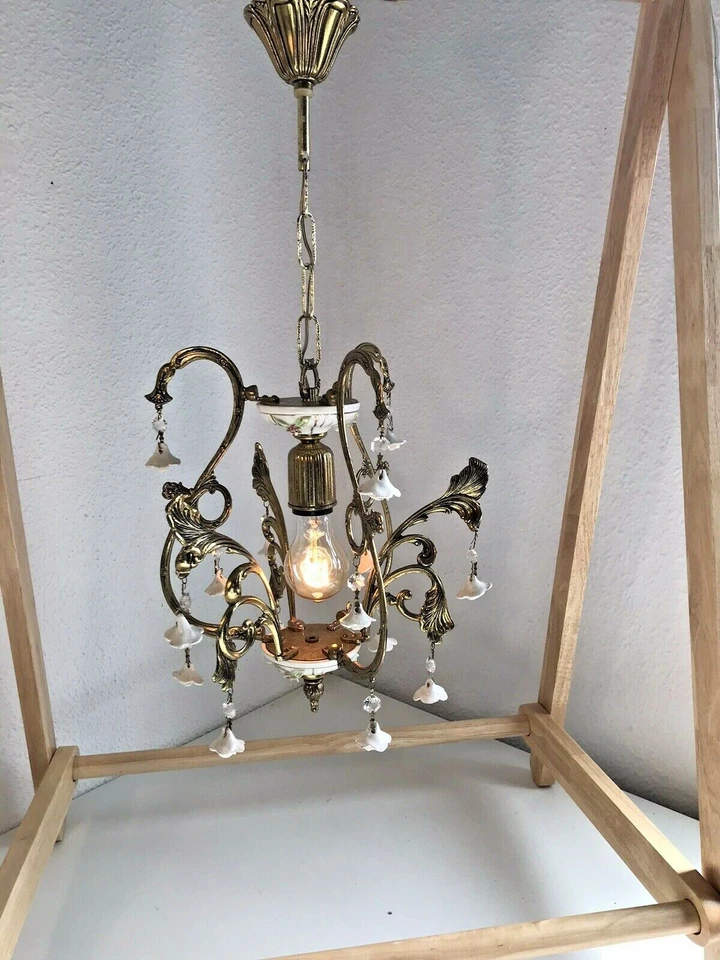 Antique Bronze Italian Capodimonte Roses Crystal Chandelier Pendant Light - Image 4 of 4