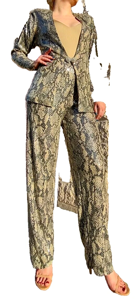 Chaqueta Pantalones Serpiente Alta Costura Años 70 Lentejuelas Líquidas Estrás Botón Criscione Med Foto 2 de 4
