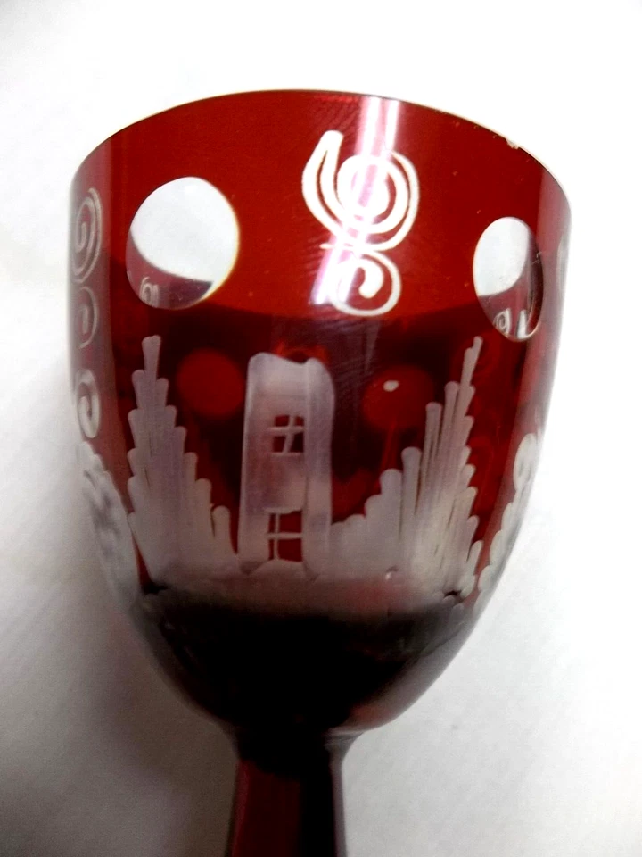 BOHEMIAN DECANTER & CORDIAL WINE GLASSES  RED RUBY CUT TO CLEAR 6 PC - Image 4 of 4