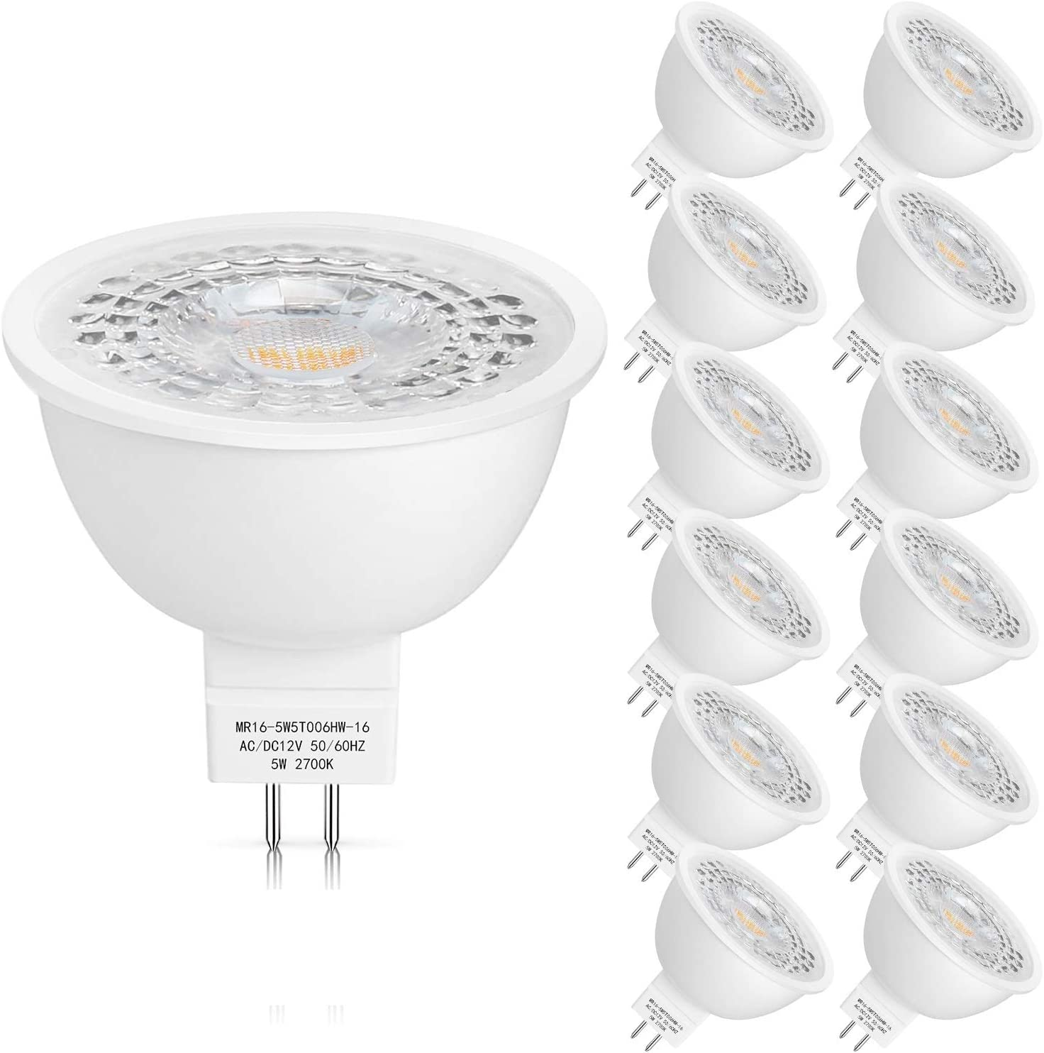 12 Pack MR16 LED Bulbs 50W Halogen Equivalent,2700K Warm White,5W GU5.3 MR16 12V