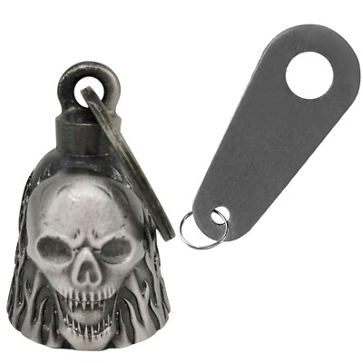 Skull In Fire Motorcycle Biker Guardian Bell W/ Hanger Accessories, Silver