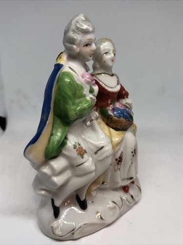 Vintage Victorian Figurine Couple on Bench with Flower Basket Occupied Japan - Picture 2 of 6