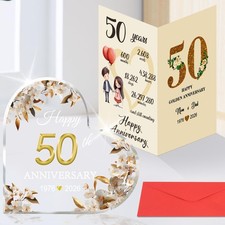 50th Wedding Anniversary Decorations Set - Acrylic Heart Cake Topper, Card,