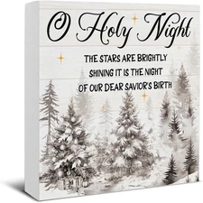 Holy Night Christmas Decor 5"x5" Christian Nativity Wooden Sign Rustic Shelf Dec
