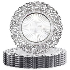 13 Inch Silver Plastic Charger Plates Set 12 Pack, Elegant Round Disc Charg...