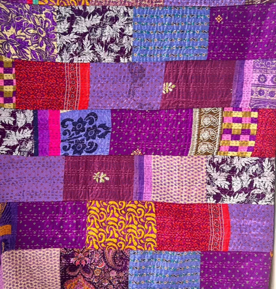 Colcha Kantha púrpura retazos de seda vintage india manta king Foto 2 de 2