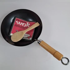 Vintage Chinese Wok 9-1/2" Carbon Steel Wood Handle & Spatula Young Sun