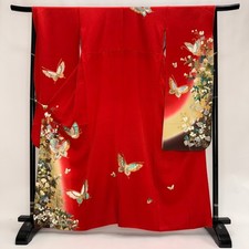 Japanese Kimono Furisode black red M size Free shipping Vintage Pure silk 6166